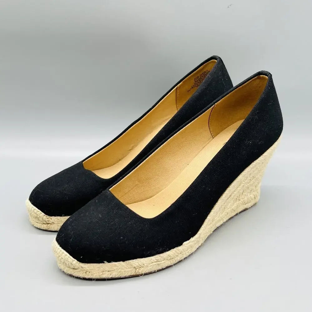 J Crew Shoes Womens 7.5 Black Cotton Espadrille Wedge Heels Round Toe Slip On